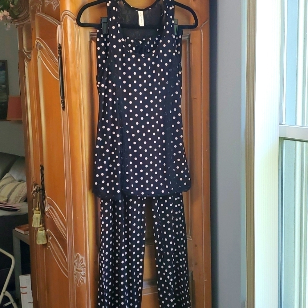 PJS. BLACK WITH PINK DOTS. size small petite. TANK TOP WITH Lace. Elastic waist.
